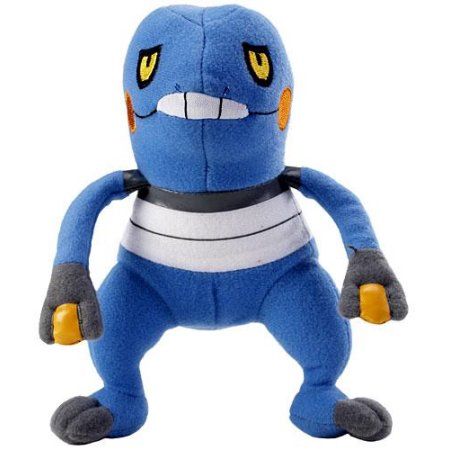 a croagunk plush, with a fucked expression
